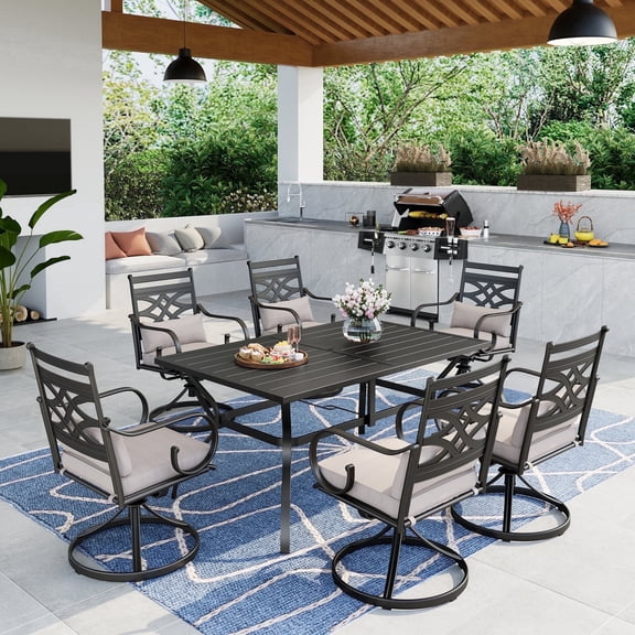 SUMMIT LIVING 7-Piece Outdoor Patio Dining Set with 1 Piece Metal Rectangle Table & 6 Pieces Swivel Chairs with Removable Cushions & Pillows, Black & Beige