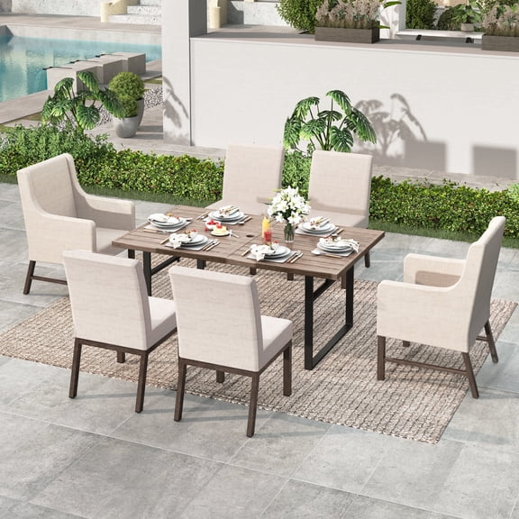 MF Studio 7-Piece Outdoor Patio Dining Set with 4.7" Cushioned Chairs and Table with Umbrella Hole for Garden, Beige & Brown