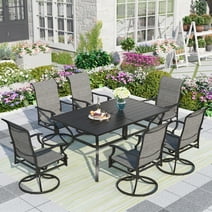 MF Studio 7-Piece Outdoor Patio Dining Set with 6 High-Back Swivel Padded Chairs & Rectangle Metal Steel Table with Umbrella Hole, Black & Gray-Brown