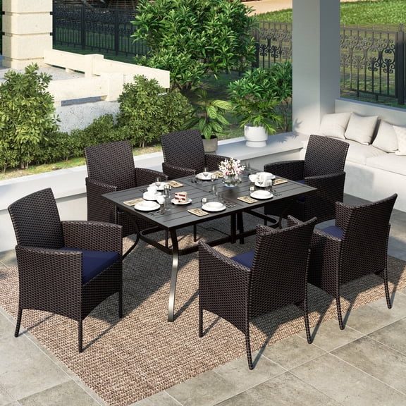 SUMMIT LIVING 7-Piece Wicker Outdoor Patio Dining Set with Navy Blue Cushions, Rattan Patio Chairs and Metal Table with Umbrella Hole for 6 People, Black & Brown