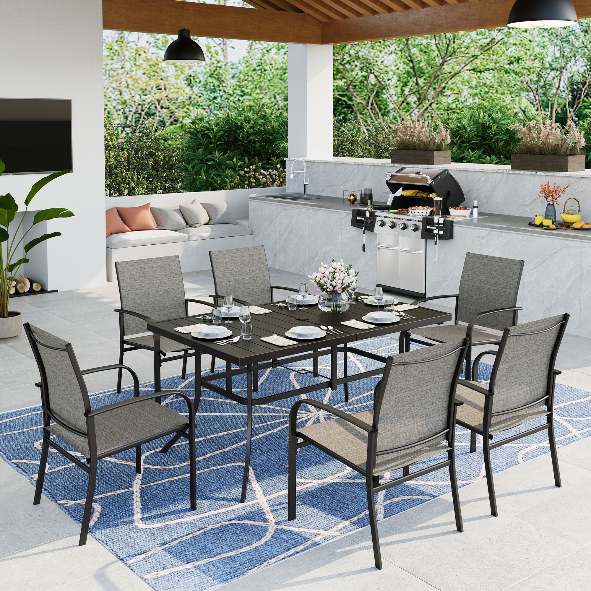 MF Studio 7-Piece Outdoor Patio Dining Set with 6 Textilene Chairs & 60″ Rectangle Metal Steel Table with Umbrella Hole, Black & Tan Sansujyuku sansujyuku.com