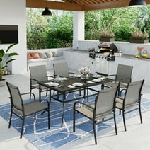 MF Studio 7-Piece Outdoor Patio Dining Set with 6 Textilene Chairs & 60" Rectangle Metal Steel Table with Umbrella Hole, Black & Tan