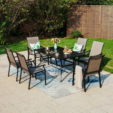 MF Studio 7-Piece Outdoor Patio Dining Set with High-Back Sling Chairs & Rectangular Table for 6-Person, Black & Brown-Gray