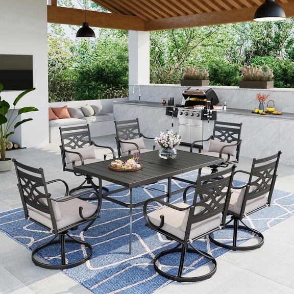SUMMIT LIVING 7-Piece Outdoor Patio Dining Set with Metal Dining Rectangle Table & 6 Pieces Swivel Chairs with Removable Cushions & Pillows, Black & Beige
