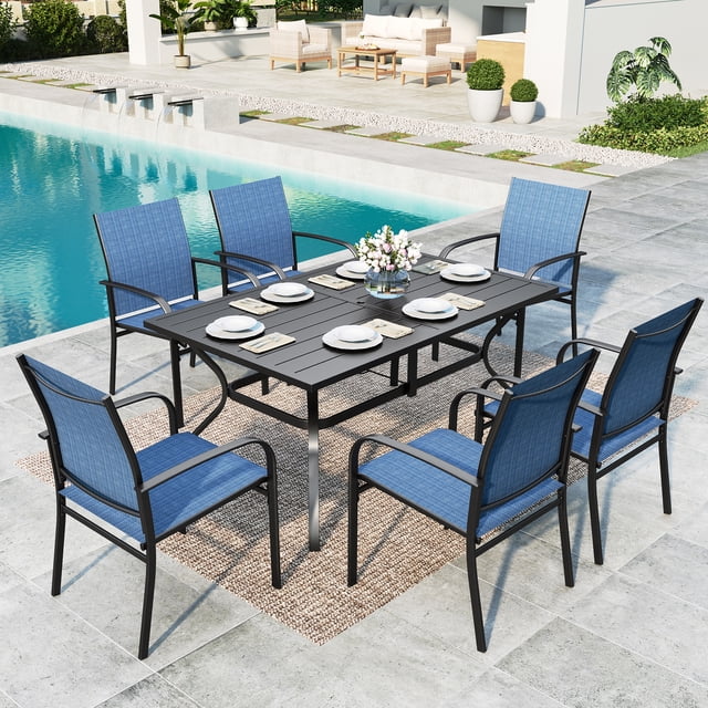 MF Studio 7-Piece Outdoor Patio Dining Set with Rectangle Steel Table & Textilene Chairs for 6-Person, Black & Denim Blue