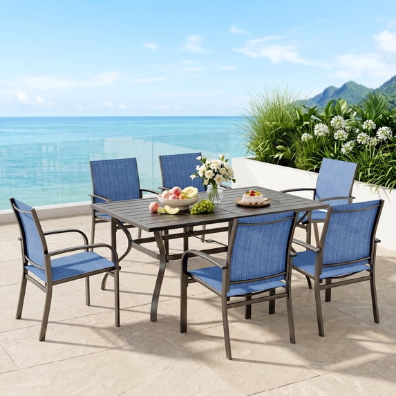 MF Studio 7-Piece Outdoor Patio Dining Set with Rectangle Steel Table & Textilene Chairs for 6-Person, Black & Denim Blue