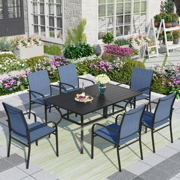 MF Studio 7-Piece Outdoor Patio Dining Set with Rectangle Steel Table & Textilene Chairs for 6-Person, Black & Denim Blue