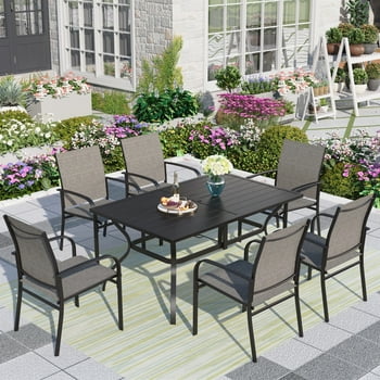 MF Studio 7-Piece Outdoor Patio Dining Set with Rectangle Steel Table & Textilene Chairs for 6-Person, Black&Brown