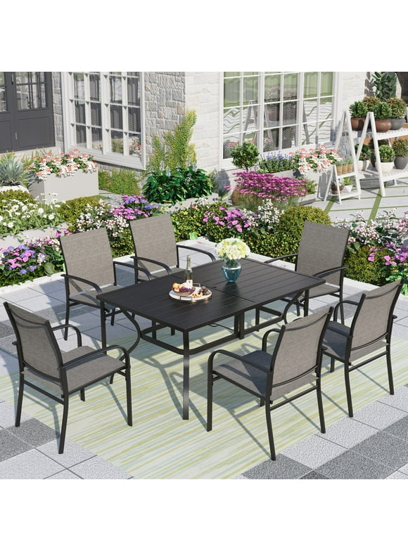 MF Studio 7-Piece Outdoor Patio Dining Set with Rectangle Steel Table & Textilene Chairs for 6-Person, Black&Brown