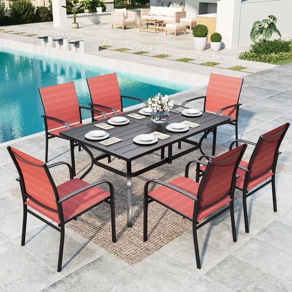 SUMMIT LIVING 7-Piece Outdoor Patio Dining Set with Rectangle Steel Table & Textilene Chairs for 6-Person, Black & Red