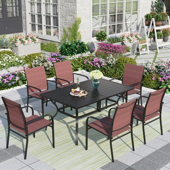 MF Studio 7-Piece Outdoor Patio Dining Set with Rectangle Steel Table & Textilene Chairs for 6-Person, Black & Red