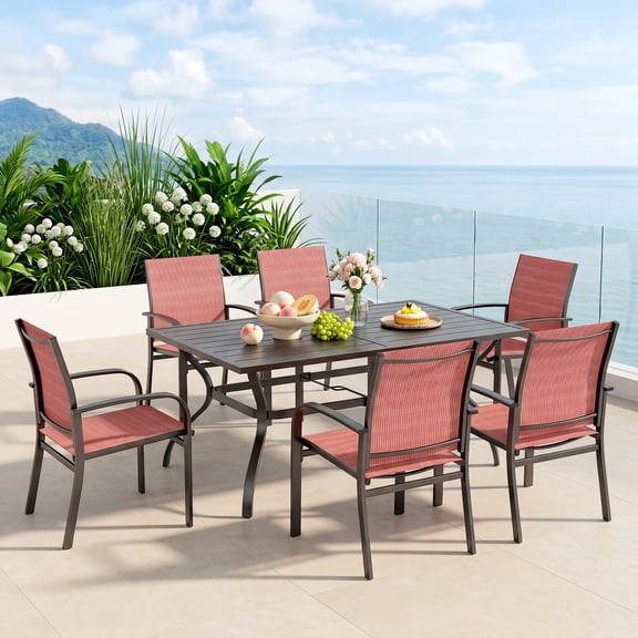 SUMMIT LIVING 7-Piece Outdoor Patio Dining Set with Rectangle Steel Table & Textilene Chairs for 6-Person, Black & Red