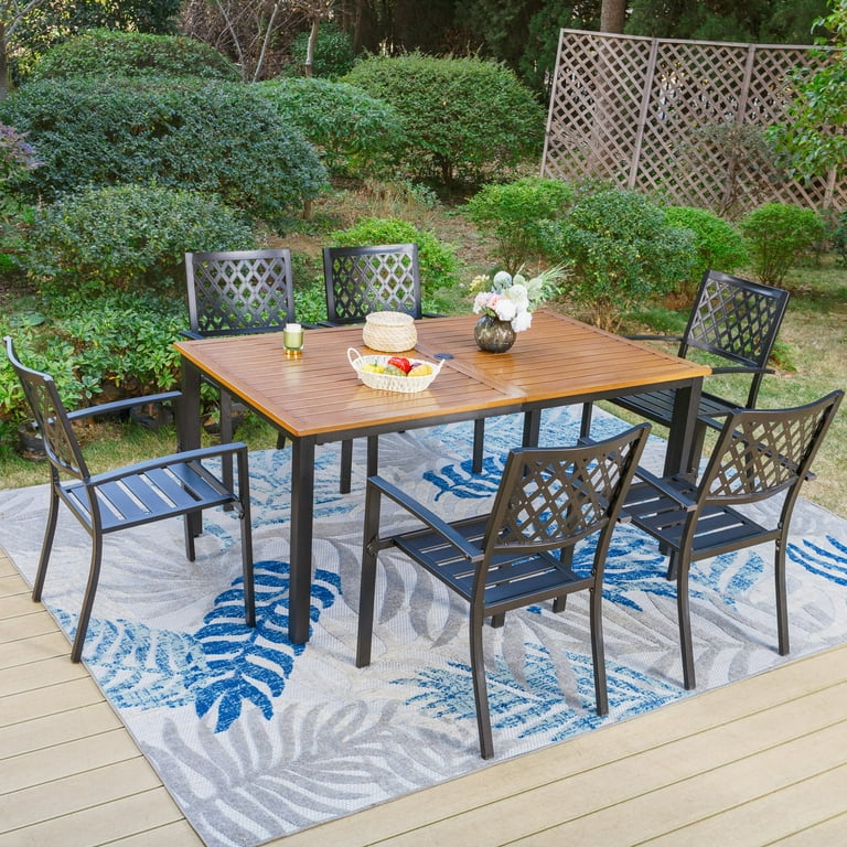 MF Studio 7 Piece Outdoor Patio Dining Set with Wood Grain Topped Table for 6 Black