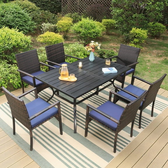 MF Studio 7-Piece Outdoor Patio Dining Sets with 1 PC Rectangle Metal Table and 6 PCS Rattan Cushioned Armchairs, Navy Blue