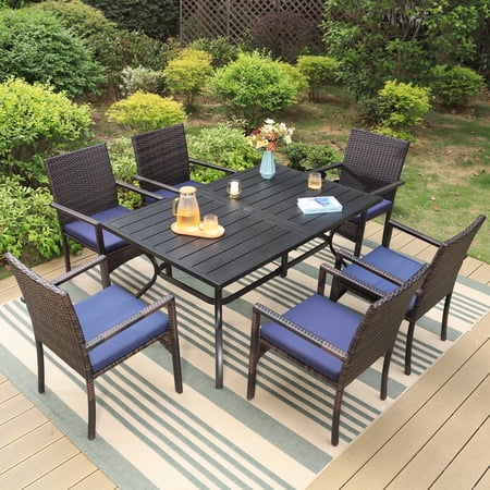 MF Studio 7-Piece Outdoor Patio Dining Sets with Rectangle Metal Table and 6 PCS Rattan Cushioned Chairs, Navy Blue