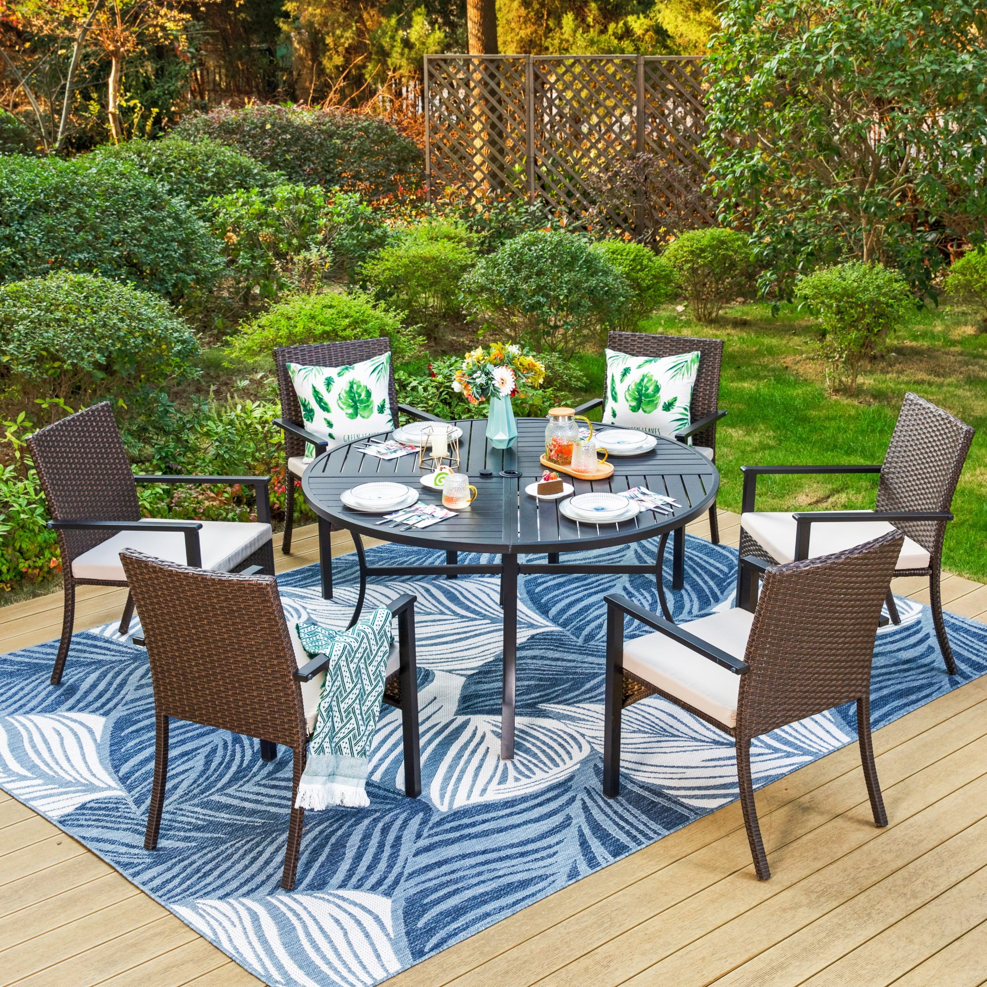 MF Studio 7 Piece Outdoor Patio Wicker Dining Set with Large Round Table Rattan Cushion Padded Chairs Dark Brown Beige