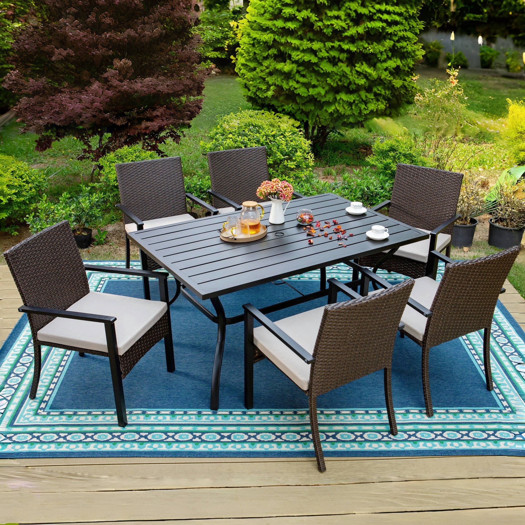 MF Studio 7-Piece Outdoor Wicker Dining Set with Cushioned Chairs & 6-Person Table with Umbrella Hole, Dark Brown PE Rattan & Beige Cushion