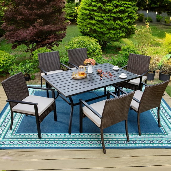 MF Studio 7-Piece Outdoor Wicker Dining Set with Cushioned Chairs & 6-Person Table with Umbrella Hole, Dark Brown PE Rattan & Beige Cushion