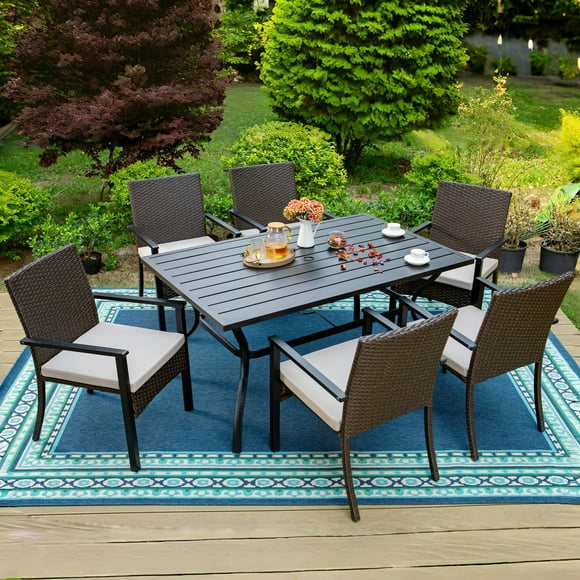 MF Studio 7-Piece Outdoor Wicker Dining Set with Cushioned Chairs & 6-Person Table with Umbrella Hole, Dark Brown Rattan & Beige Cushion