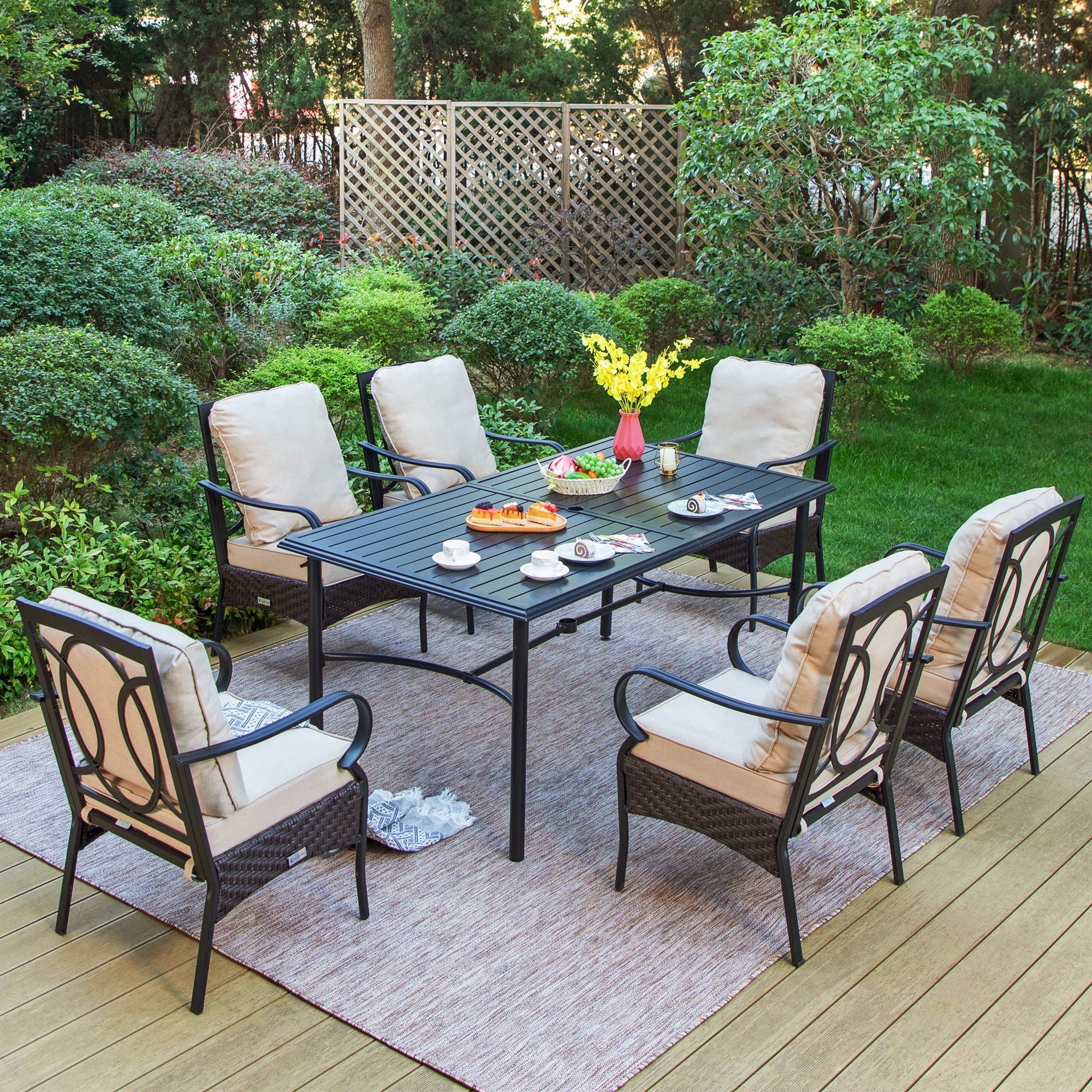 SUMMIT LIVING 7-Piece Outdoor Wicker Dining Set with Full Set Cushions for 6-Person, Black & Beige