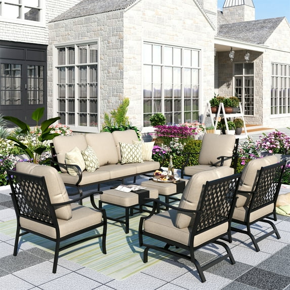 MF Studio 7-Piece Patio Conversation Set Outdoor Furniture Sofa Set for 9 Person with Beige Cushions