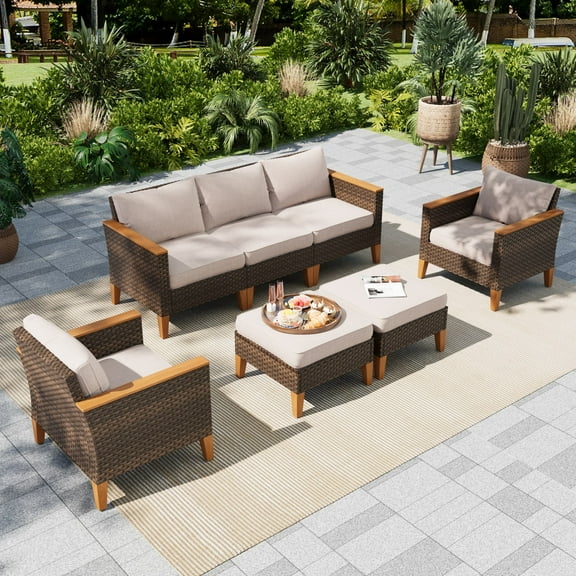 MF Studio 7 Piece Patio Conversation Set Outdoor Wicker Furniture Set Beige