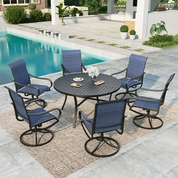MF Studio 7-Piece Patio Dining Set with High-Back Swivel Chairs & Round Table for 6-Person, Padded Textilene Seat, Black & Blue