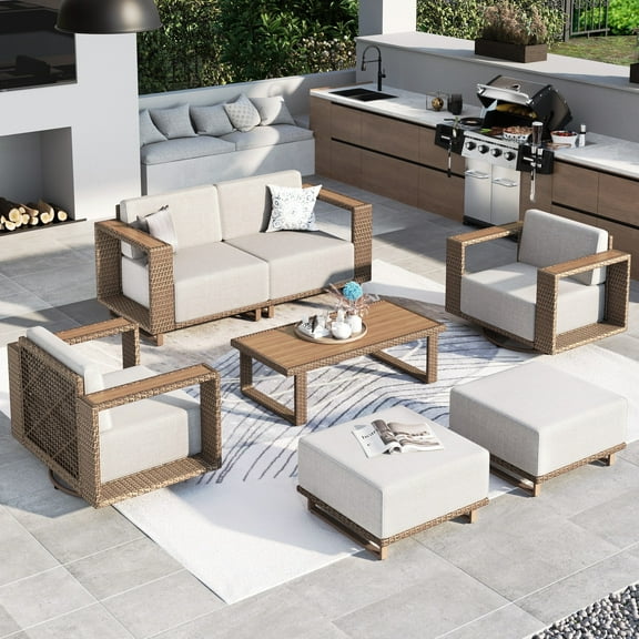 MF Studio 7-Piece Patio Furniture Set with Swivel Chairs, Wicker Outdoor Conversation Sofa Set with Coffee Table, Beige