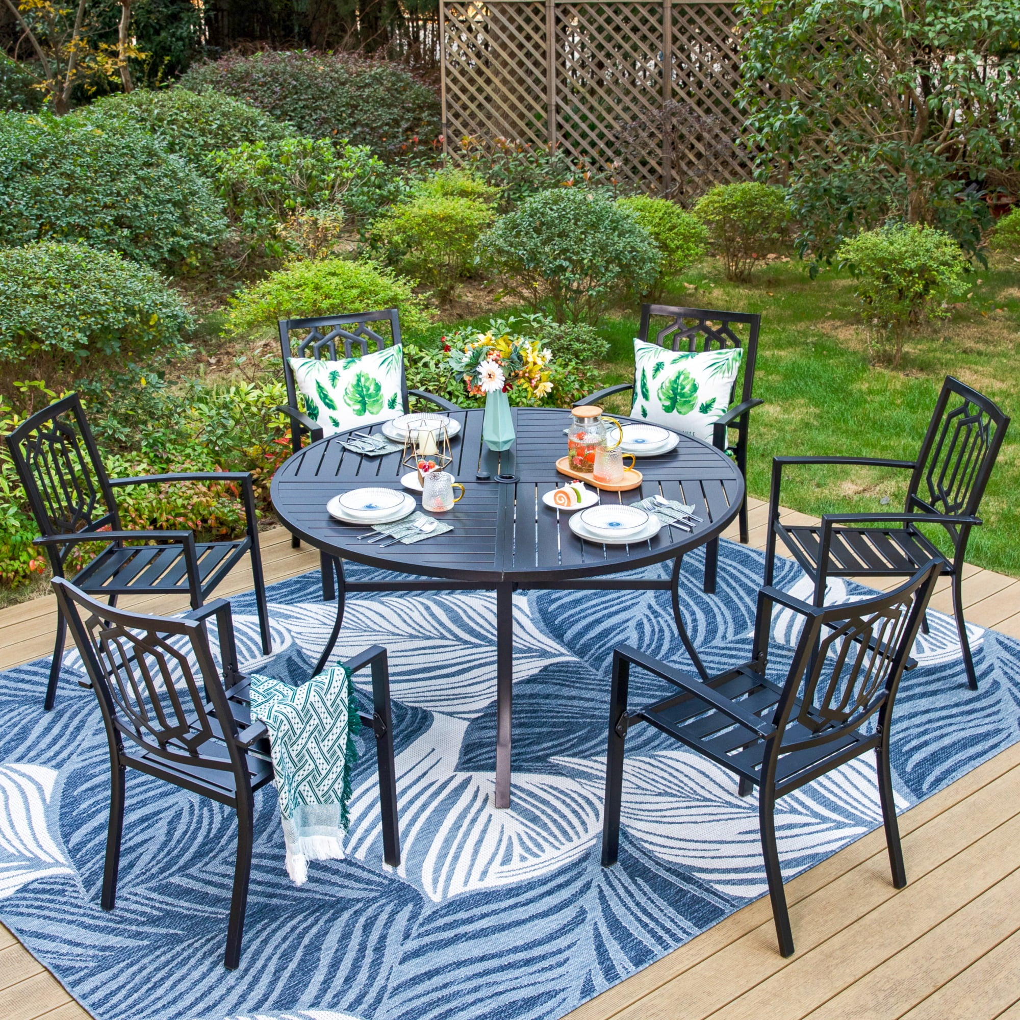 MF Studio 7-Piece Outdoor Dining Set with Large Round Patio Table & Stacking Chairs, Metal Steel, Black Sansujyuku sansujyuku.com