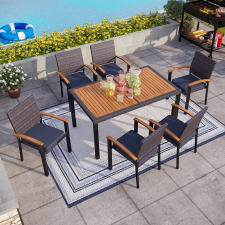 MF Studio 7 Pieces Outdoor Patio Dining Set Indoor Outdoor Wicker Dining Furniture Set with Rattan Dining Table and Chairs with Navy Blue Cushiones
