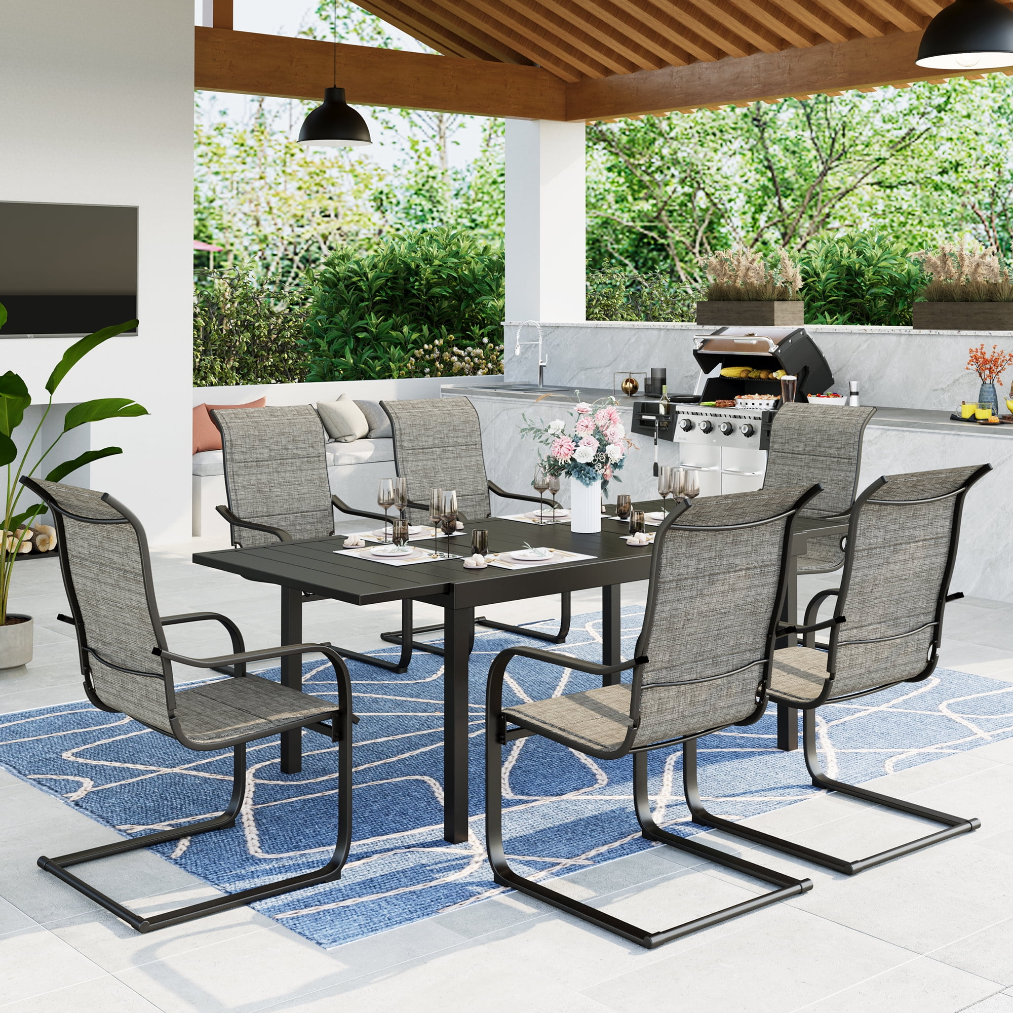 MF Studio 7 Pieces Outdoor Patio Dinning Set with 6 C Spring Textilene