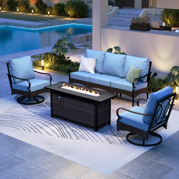 Summit Living 4-Piece Outdoor Patio Furniture Set with 57” Fire Pit Table, Fire Pit Set with Swivel Chairs for 5, Blue