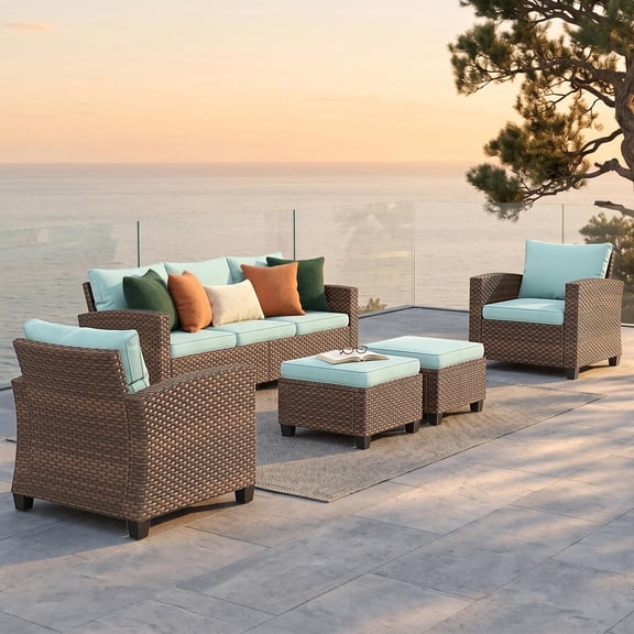 MF Studio 7-Seat Outdoor Patio Conversation Set Wicker Furniture Sofa Set Blue