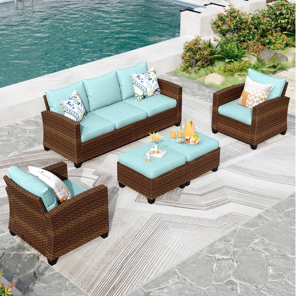 MF Studio 7-Seat Outdoor Patio Conversation Set Wicker Furniture Sofa Set Blue