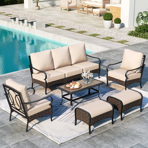 MF Studio 7-Seat Outdoor Patio Furniture Set with 3-Seat Sofa, 2 Ottomans & Wood-Like Table for 6 Person, Black & Beige
