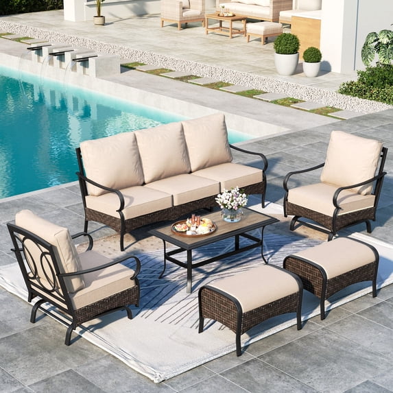 SUMMIT LIVING 7-Seat Outdoor Patio Furniture Set with Rocking Chairs, Outdoor Patio Conversation Set with 2 Ottomans & Wood-Like Coffee Table, Black & Beige