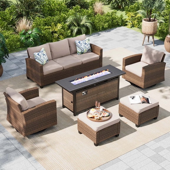 MF Studio 7-Seater Outdoor Patio Furniture Set with Swivel Chair Sofa and Fire Pit Table Wicker Patio Sectional Conversation Set Beige