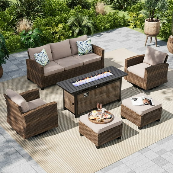 MF Studio 7-Seater Outdoor Patio Furniture Set with Swivel Chair Sofa and Fire Pit Table Wicker Patio Sectional Conversation Set Beige