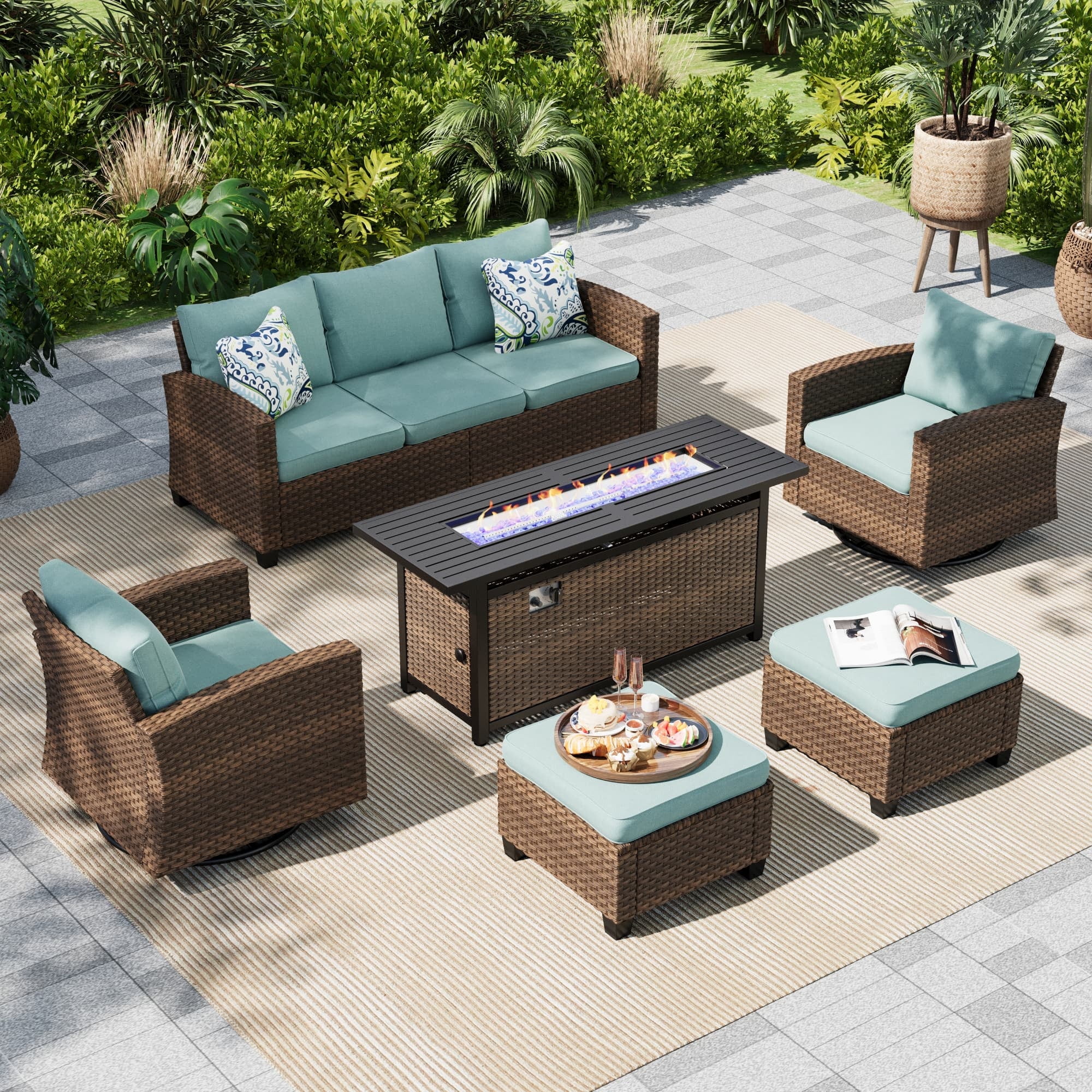 MF Studio 7-Seater Outdoor Patio Furniture Set with Swivel Chair Sofa and Fire Pit Table Wicker Patio Sectional Conversation Set Blue