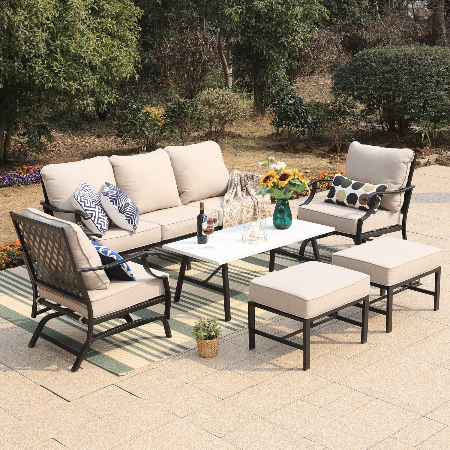 Mf Studio 7 Seater Patio Conversation Set Metal Outdoor Furniture Set with Rocking Chair Sofa Beige Size 28