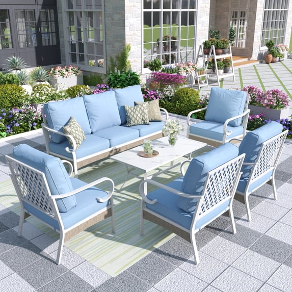 MF Studio 7-Seater Patio Conversation Set Metal Outdoor Furniture with Fixed Chair Sofa Blue