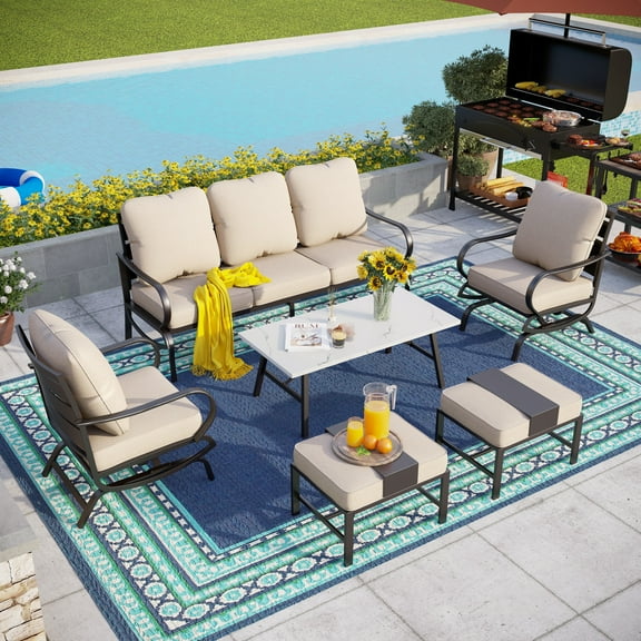 MF Studio 7-Seater Patio Conversation Set Metal Outdoor Furniture with Rocking Sofa Beige