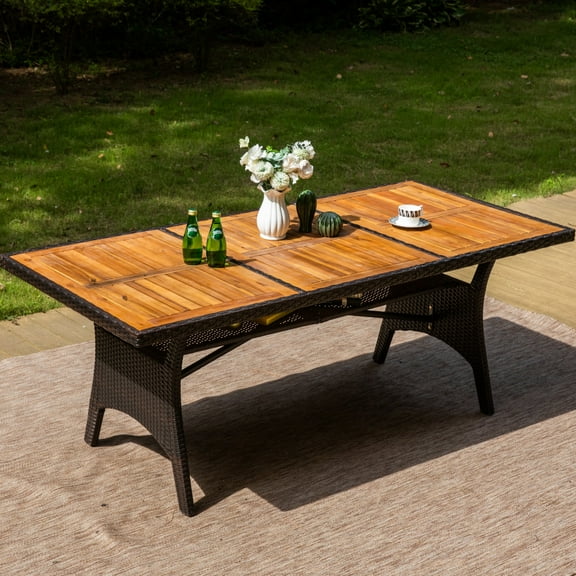 MF Studio 74.8" Patio Table with Acacia Wood Tabletop, 8-Person All-Weather Rattan Outdoor Dining Table, Brown