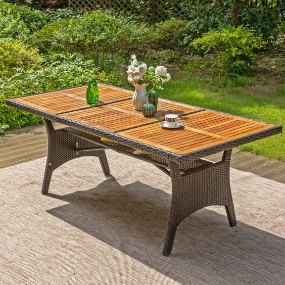 MF Studio 74.8" Patio Table with Acacia Wood Tabletop, 8-Person All-Weather Rattan Outdoor Dining Table, Brown