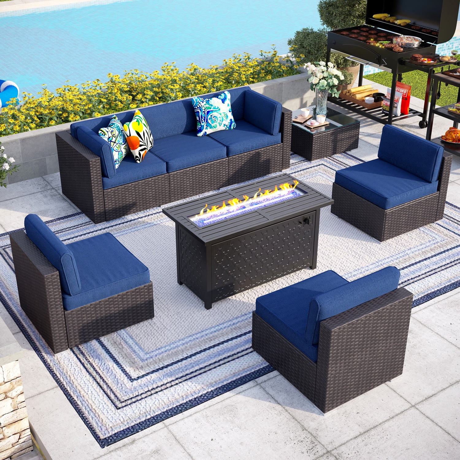 MF Studio 8 PCS Outdoor Patio Furniture Set with 45 Inch Fire Pit Table 6 Seat Wicker Conversation Set Navy Blue