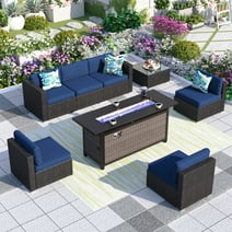 MF Studio 8 PCS Outdoor Patio Furniture Set with Fire Pit Table Wicker Patio Conversation Set, Navy Blue
