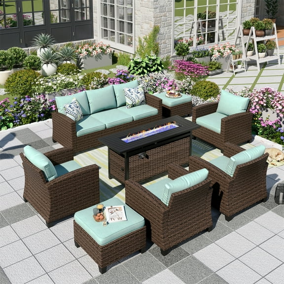 MF Studio 8 Pcs Patio Conversation Set Wicker Outdoor Furniture Set with 56-Inch Fire Pit Table Blue