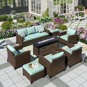 MF Studio 8 Pcs Patio Conversation Set Wicker Outdoor Furniture Set with 56-Inch Fire Pit Table Blue