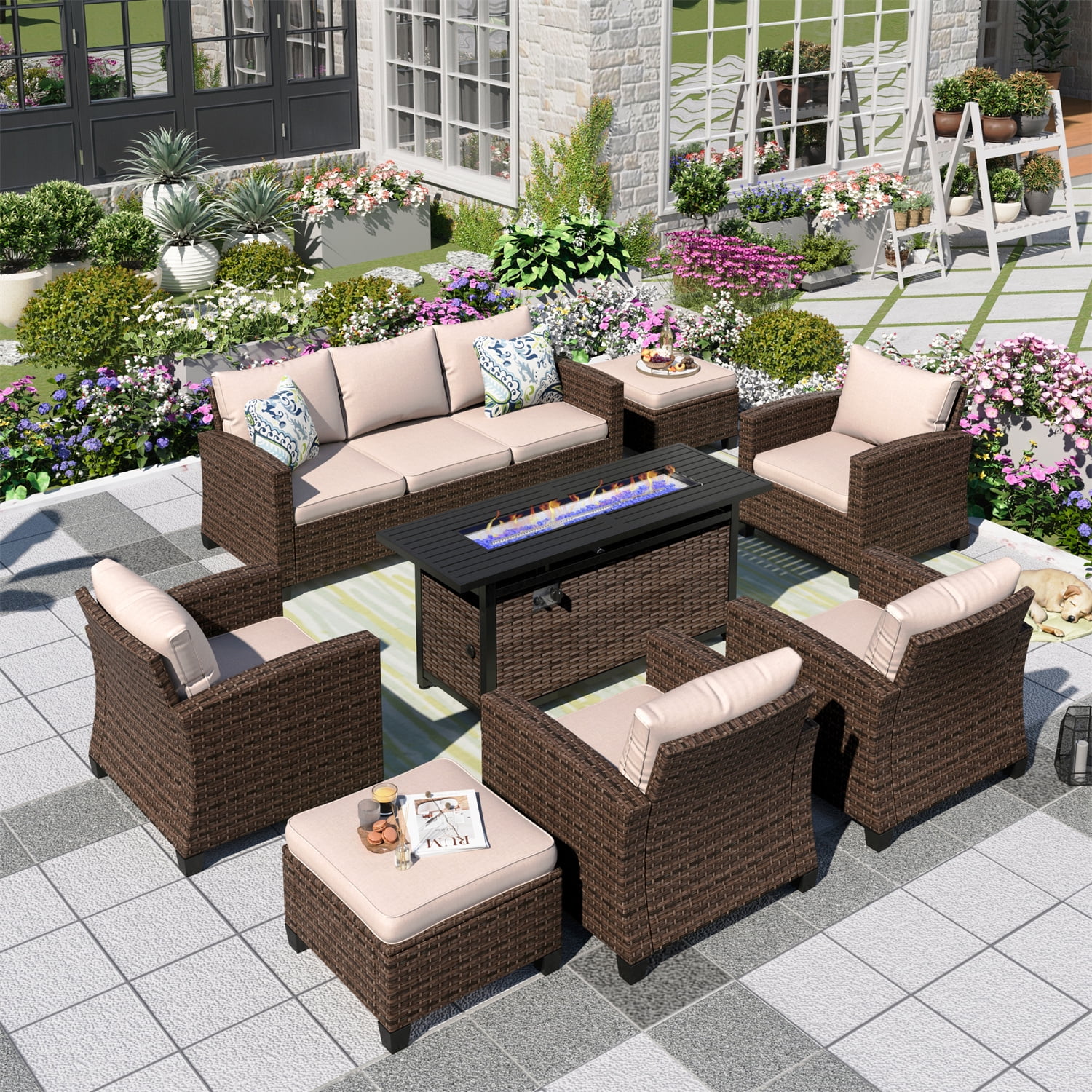 MF Studio 8 Pcs Wicker Patio Furniture Set Outdoor Conversation Set with 56-Inch Fire Pit Table Beige