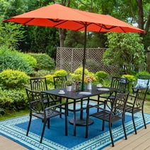 MF Studio 8-Piece Outdoor Dining Set with 13 ft Double-Sided Umbrella, Metal Table & Stack-able Chairs for 6-Person, Black & Orange Red